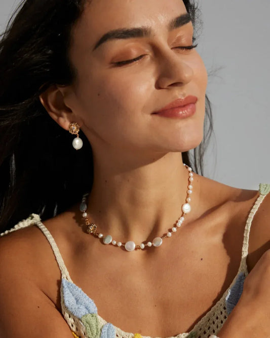 Vintage Gold Pearl Jewelry Set – Earrings + Choker Necklace(925 Silver) - SOLIS MOOD