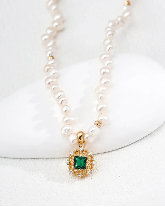 Vintage Gold Vermeil Pearl Necklace with Emerald-Cut CZ Pendant - SOLIS MOOD