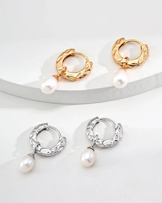 Textured Hoop Earrings with Detachable Pearl — 18K Gold Vermeil - SOLIS MOOD