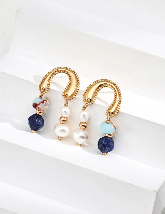 Modern Vintage Pearl & Lapis Drop Earrings — 18K Gold Vermeil - SOLIS MOOD