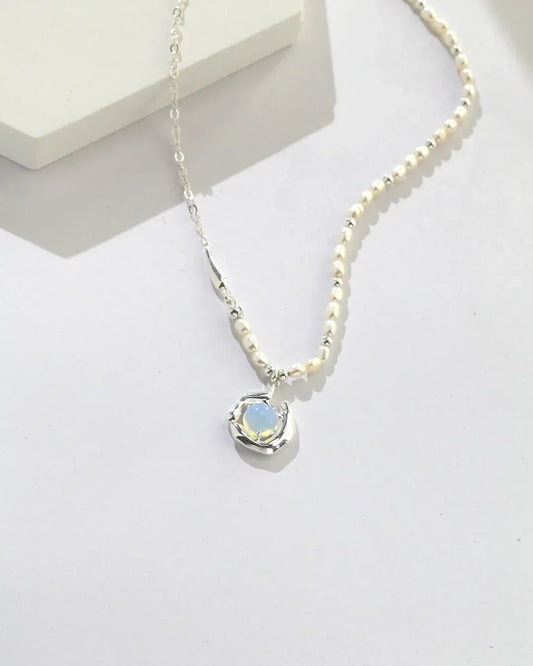 Aqua Gleam Opal & Pearl Sterling Silver Necklace - SOLIS MOOD