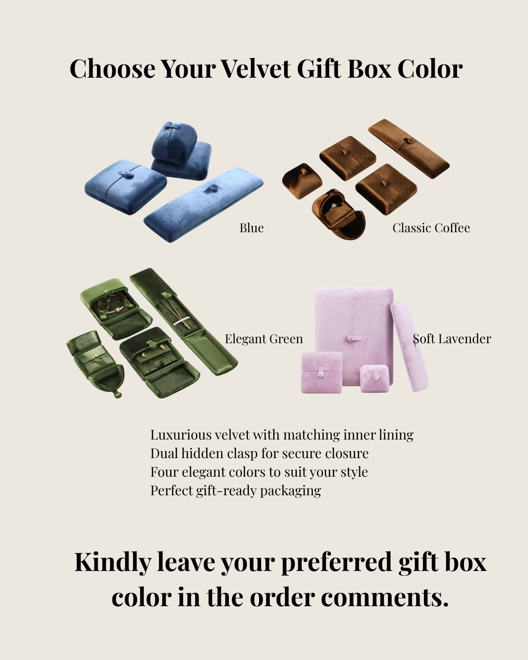 Velvet gift box options with color choices on a beige background