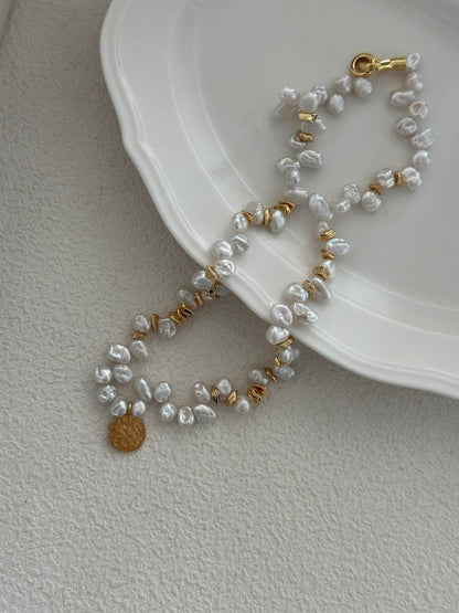 Gold Medallion Keshi Pearl Necklace - SOLIS