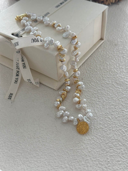 Gold Medallion Keshi Pearl Necklace - SOLIS