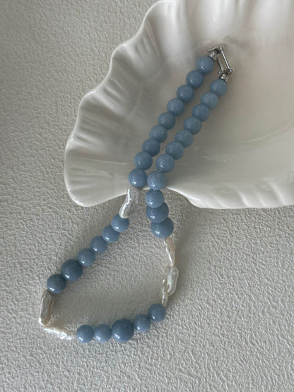 Cloud Blue Stone & Baroque Pearl Necklace - SOLIS