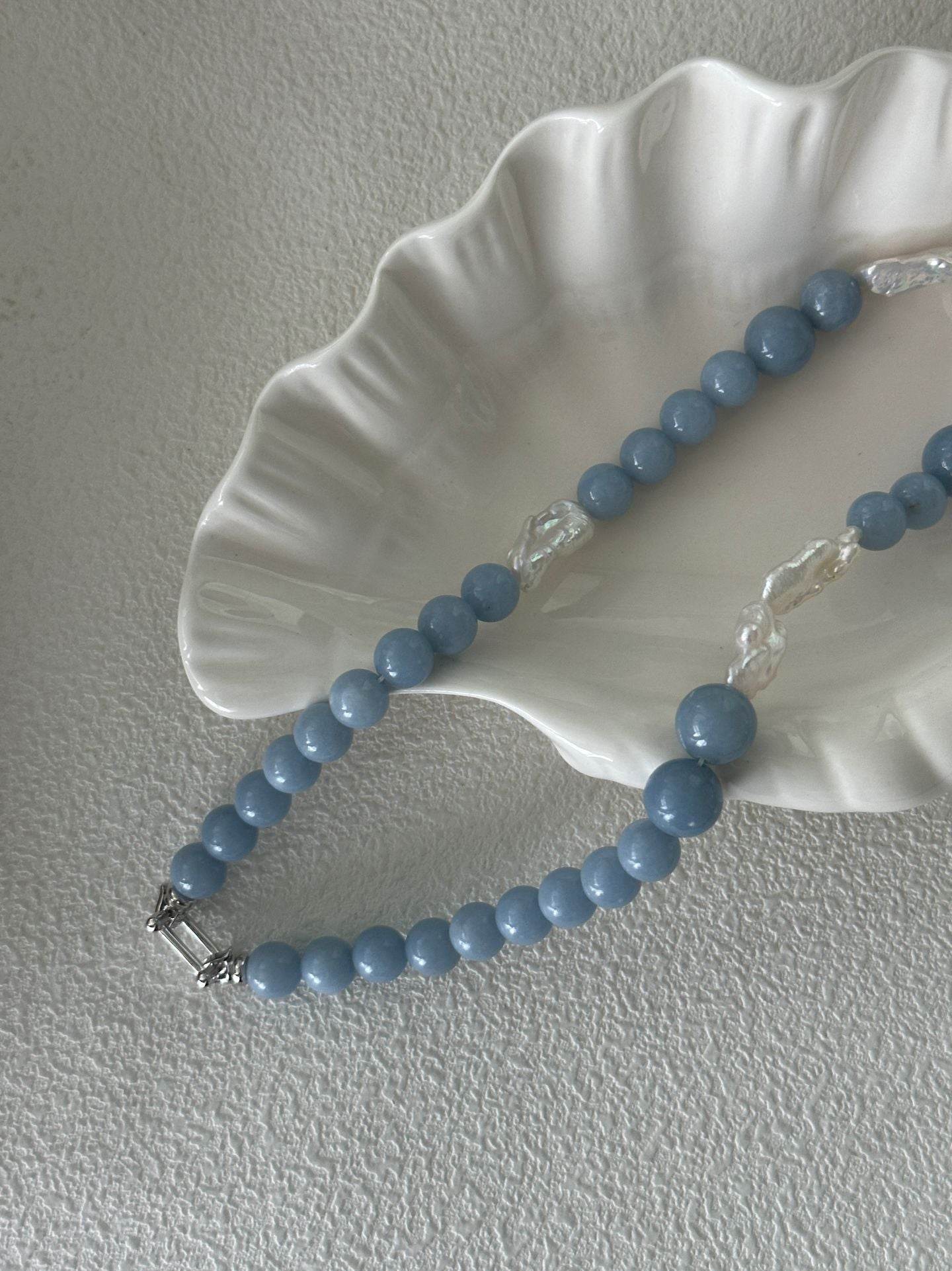 Cloud Blue Stone & Baroque Pearl Necklace - SOLIS
