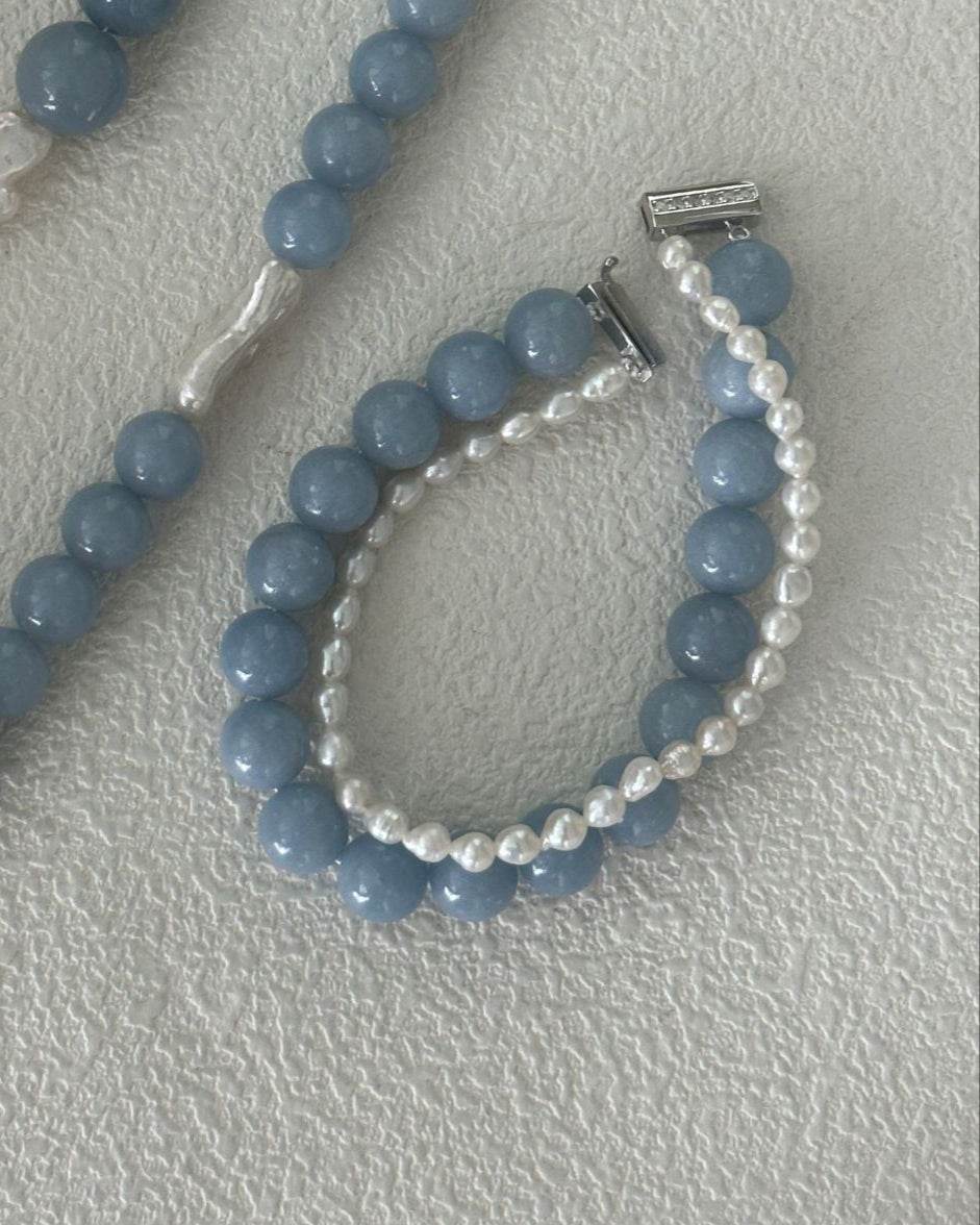 Cloud Blue Double Strand Bracelet – Peruvian Blue Opal & Petite Pearl - SOLIS