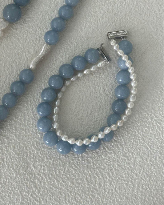 Cloud Blue Double Strand Bracelet – Peruvian Blue Opal & Petite Pearl - SOLIS