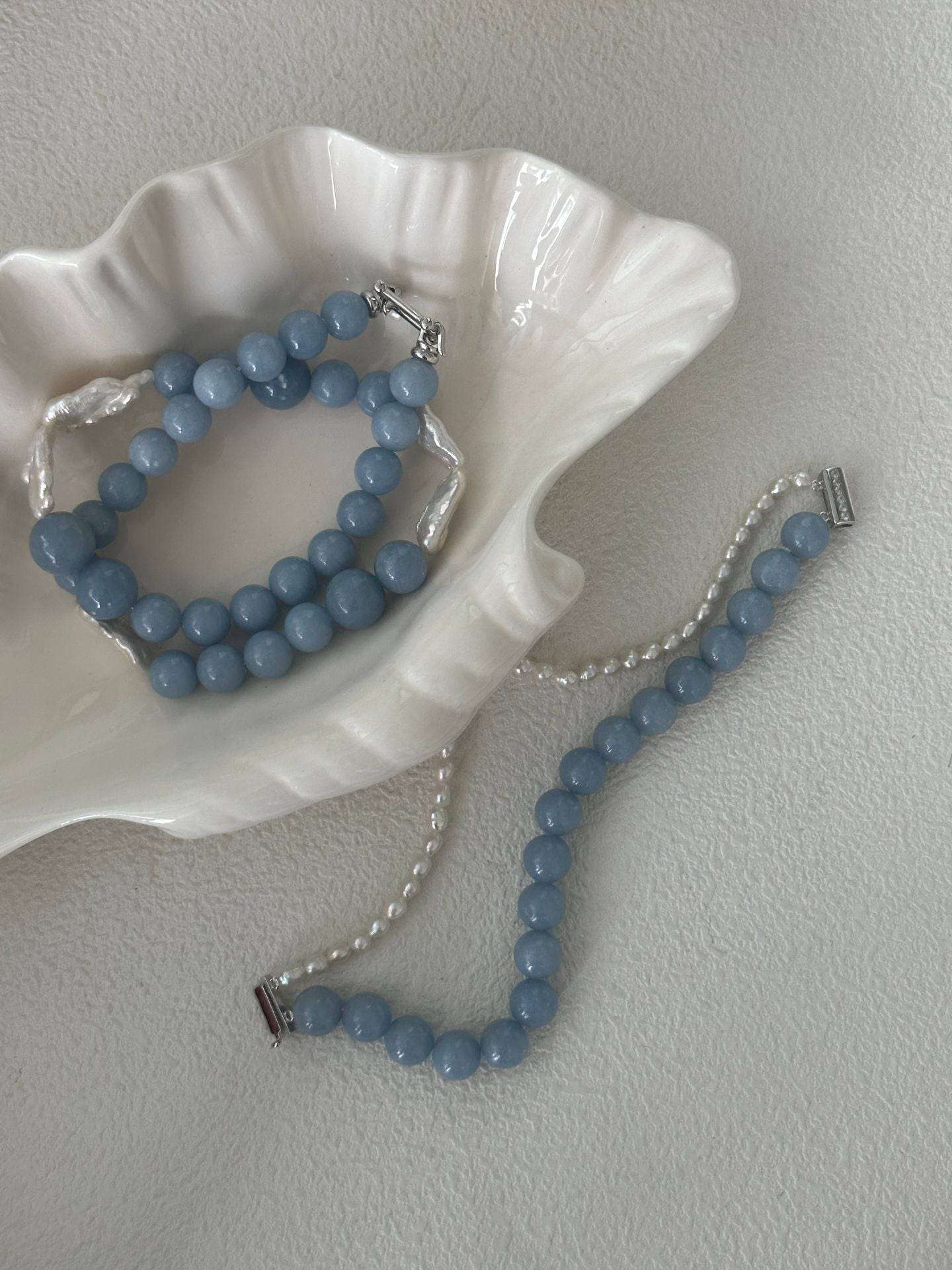 Cloud Blue Double Strand Bracelet – Peruvian Blue Opal & Petite Pearl - SOLIS