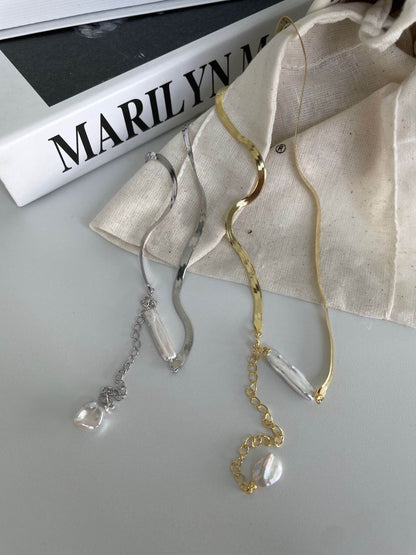Baroque Duo Pearl Necklace – Gold Snake Chain - SOLIS