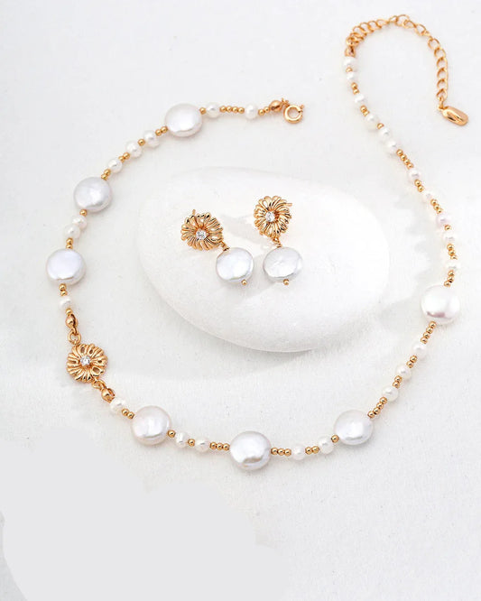 Vintage Gold Pearl Jewelry Set – Earrings + Choker Necklace（925 Silver） - SOLIS MOOD