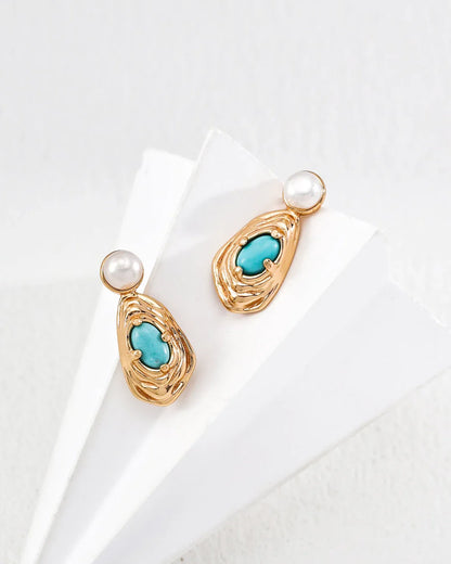 Vintage Gold Pearl Turquoise Drop Earrings · 925 Sterling Silver - SOLIS MOOD
