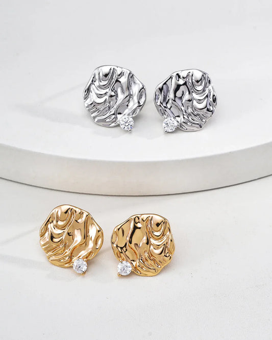 Gold & Silver Textured Stud Earrings · CZ · 925 Silver - SOLIS MOOD