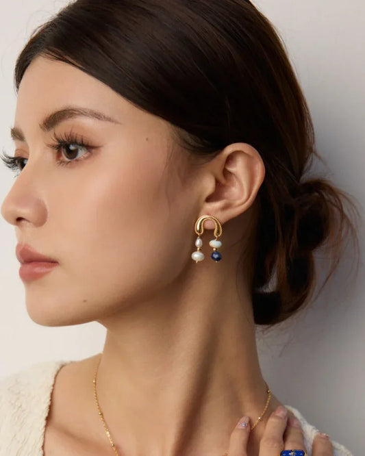 Modern Vintage Pearl & Lapis Drop Earrings — 18K Gold Vermeil - SOLIS MOOD