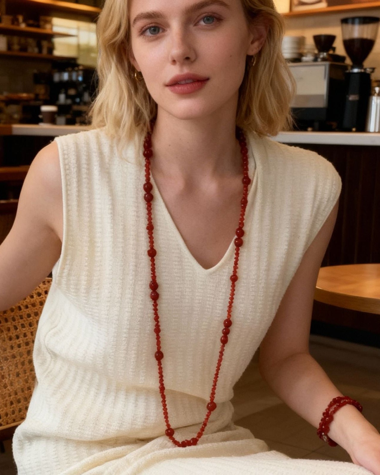 Woman wearing a long red beaded necklace in a cafe setting