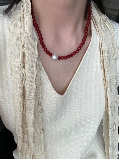“Vermilion” Red Agate & Pearl Center Necklace - SOLIS