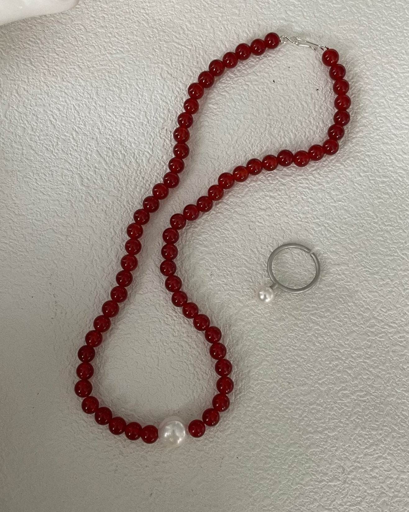 “Vermilion” Red Agate & Pearl Center Necklace - SOLIS