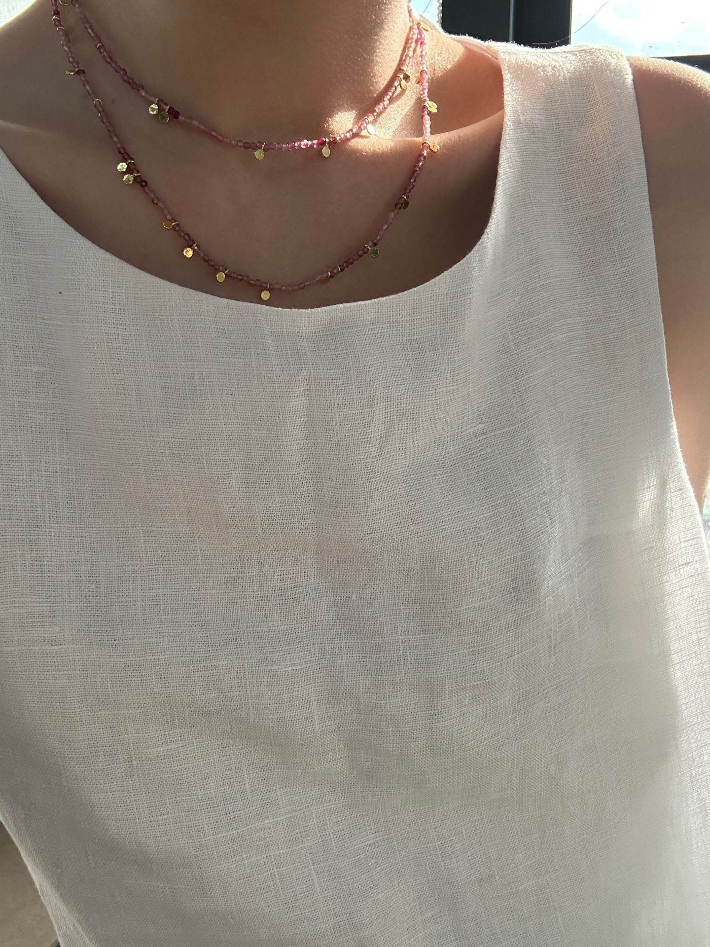 Pink Tourmaline Gold Dot Necklace – Double-Wrap Style - SOLIS