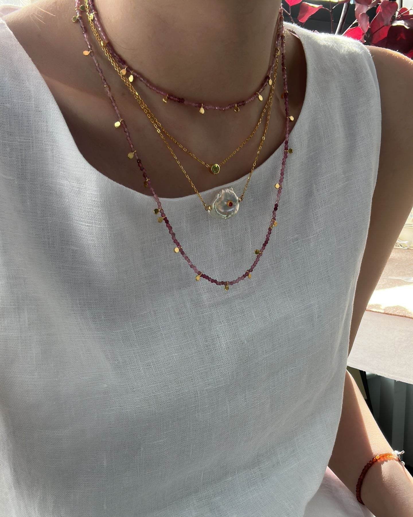 Pink Tourmaline Gold Dot Necklace – Double-Wrap Style - SOLIS