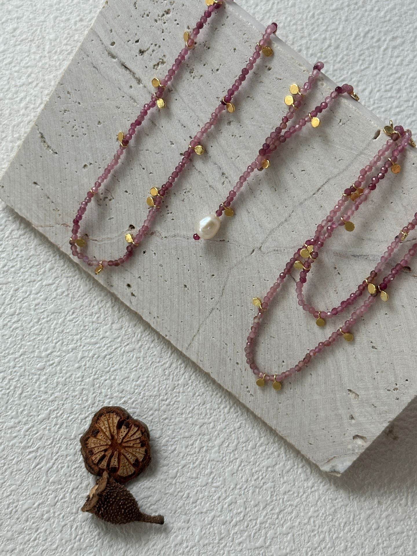 Pink Tourmaline Gold Dot Necklace – Double-Wrap Style - SOLIS