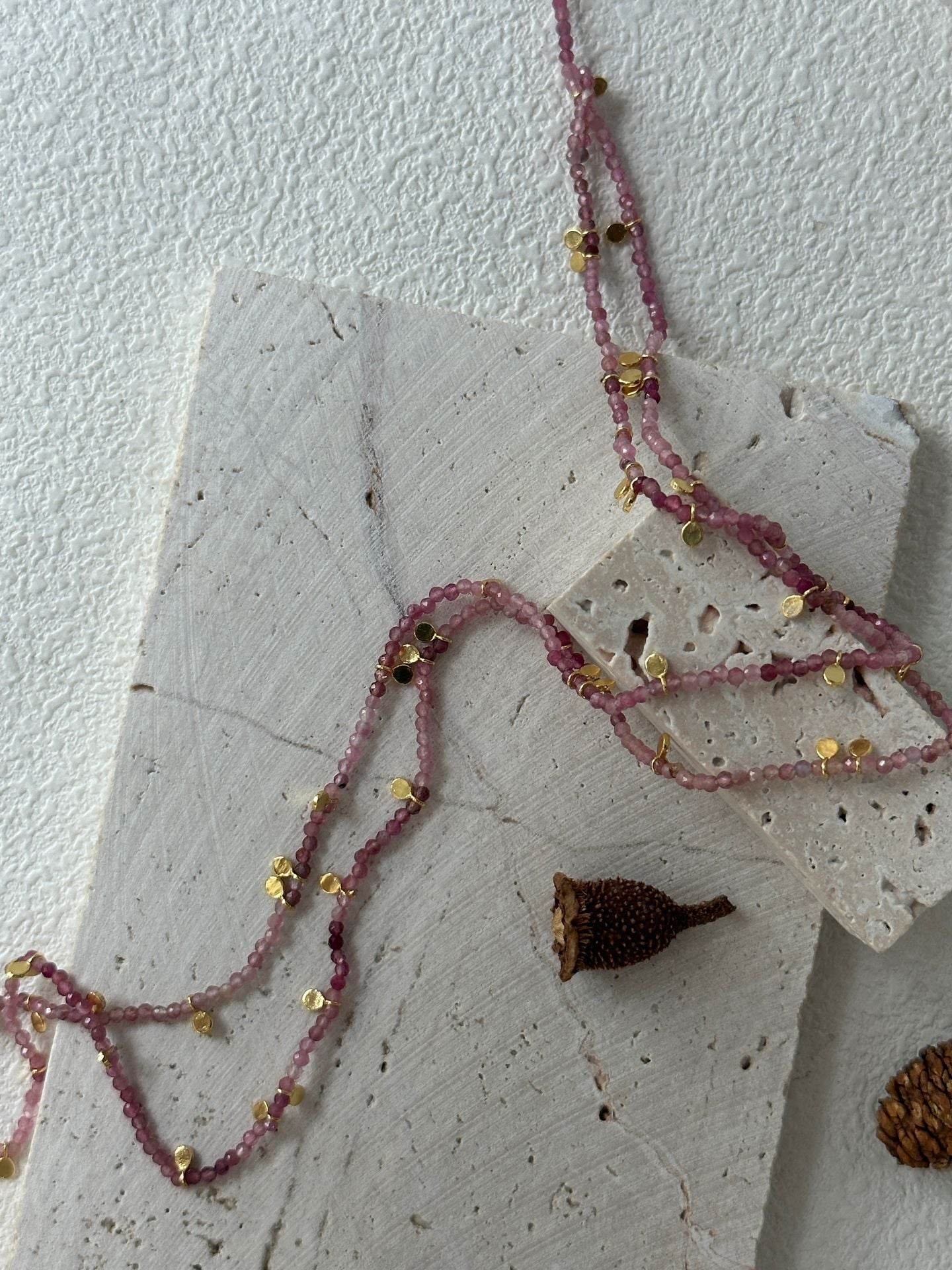 Pink Tourmaline Gold Dot Necklace – Double-Wrap Style - SOLIS