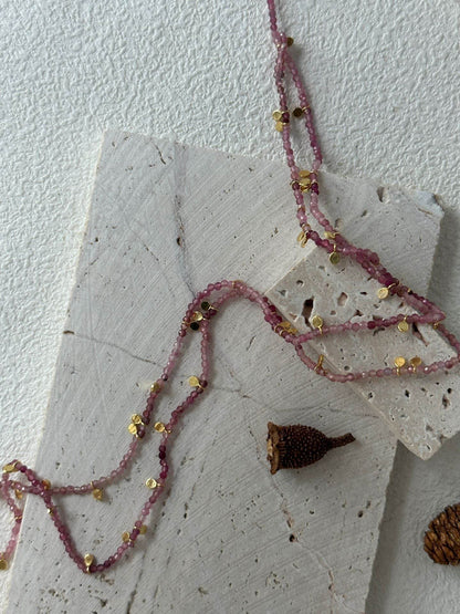 Pink Tourmaline Gold Dot Necklace – Double-Wrap Style - SOLIS