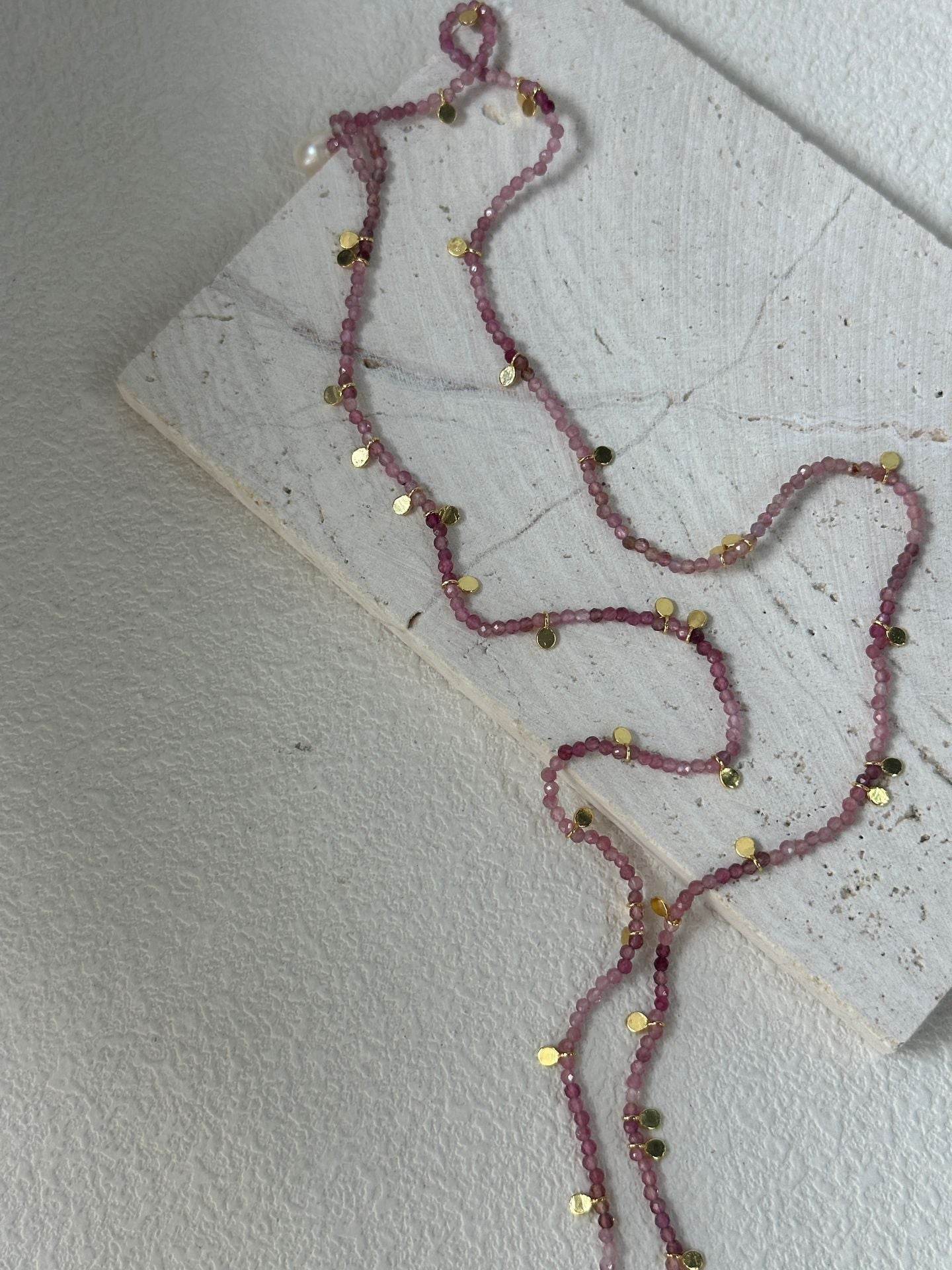 Pink Tourmaline Gold Dot Necklace – Double-Wrap Style - SOLIS