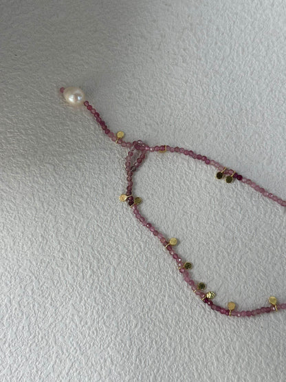 Pink Tourmaline Gold Dot Necklace – Double-Wrap Style - SOLIS