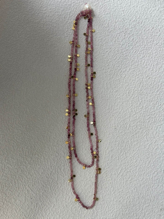 Pink Tourmaline Gold Dot Necklace – Double-Wrap Style - SOLIS