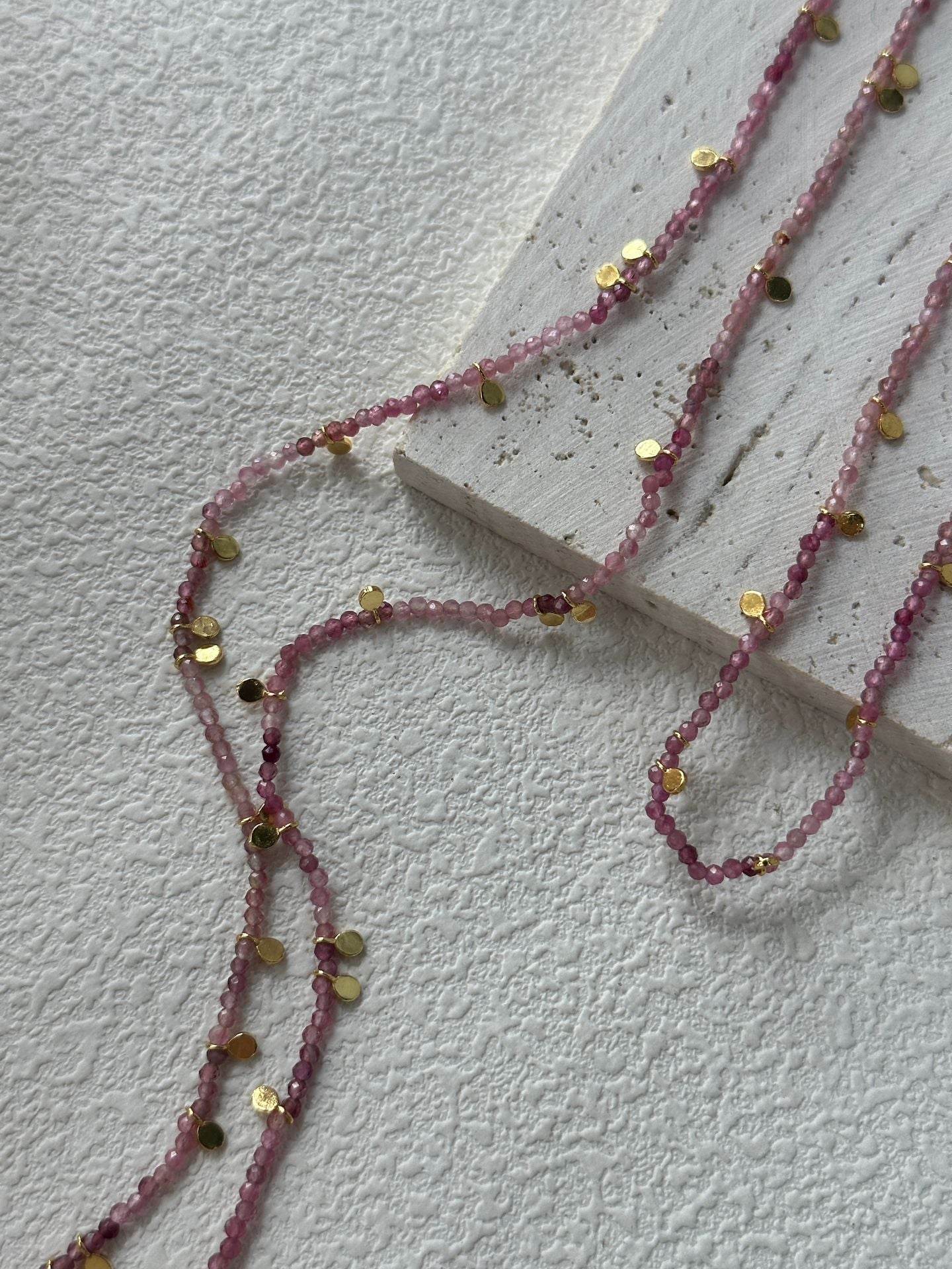 Pink Tourmaline Gold Dot Necklace – Double-Wrap Style - SOLIS