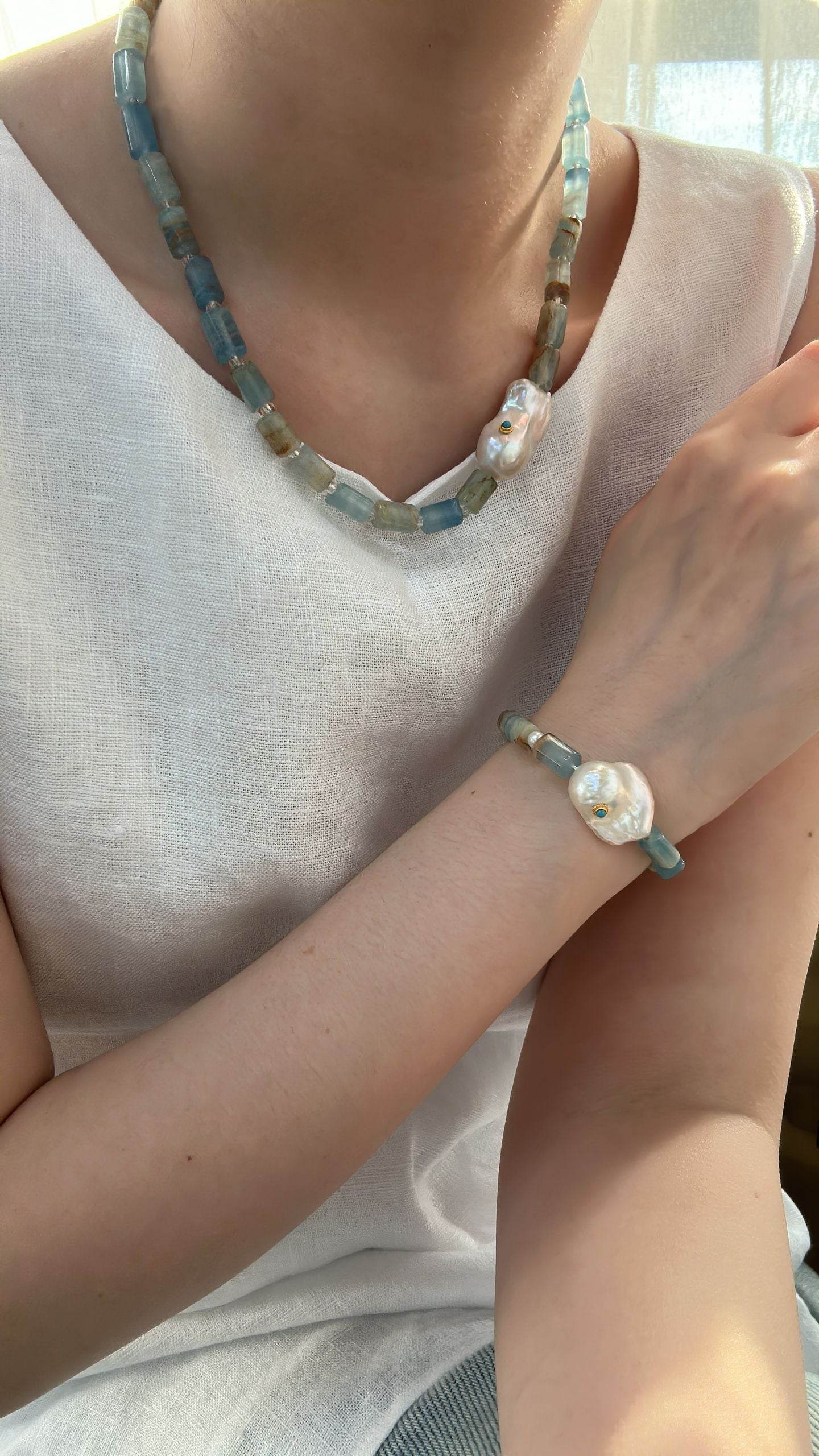 Blue Calcite & Baroque Pearl Necklace – Sculptural Summer Layers - SOLIS
