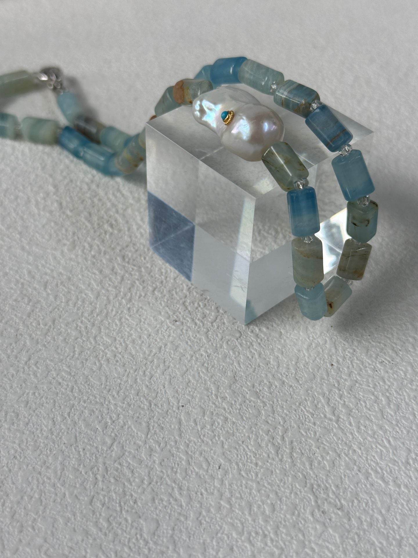 Blue Calcite & Baroque Pearl Necklace – Sculptural Summer Layers - SOLIS