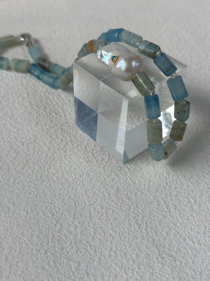 Blue Calcite & Baroque Pearl Necklace – Sculptural Summer Layers - SOLIS