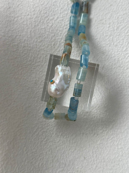Blue Calcite & Baroque Pearl Necklace – Sculptural Summer Layers - SOLIS