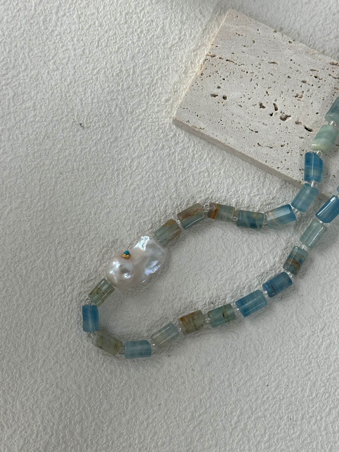 Blue Calcite & Baroque Pearl Necklace – Sculptural Summer Layers - SOLIS