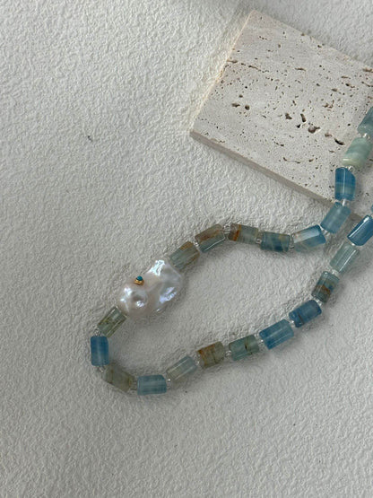 Blue Calcite & Baroque Pearl Necklace – Sculptural Summer Layers - SOLIS
