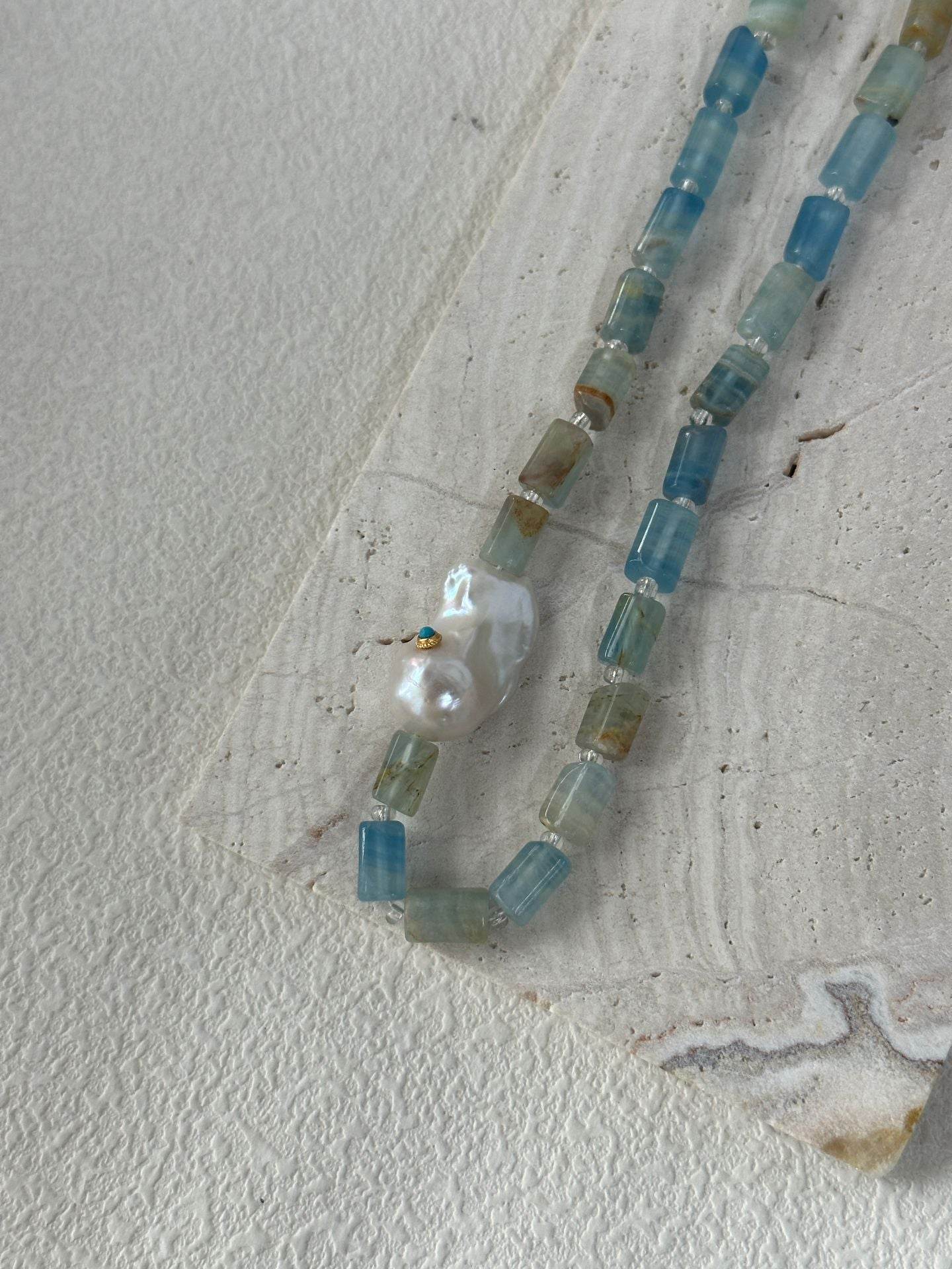 Blue Calcite & Baroque Pearl Necklace – Sculptural Summer Layers - SOLIS