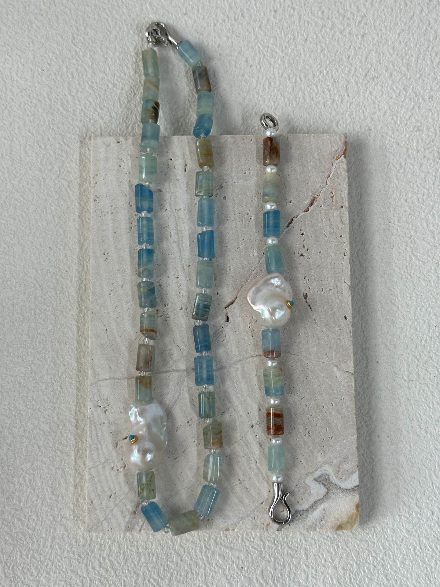 Blue Calcite Pearl Duo – Bracelet & Necklace Set - SOLIS