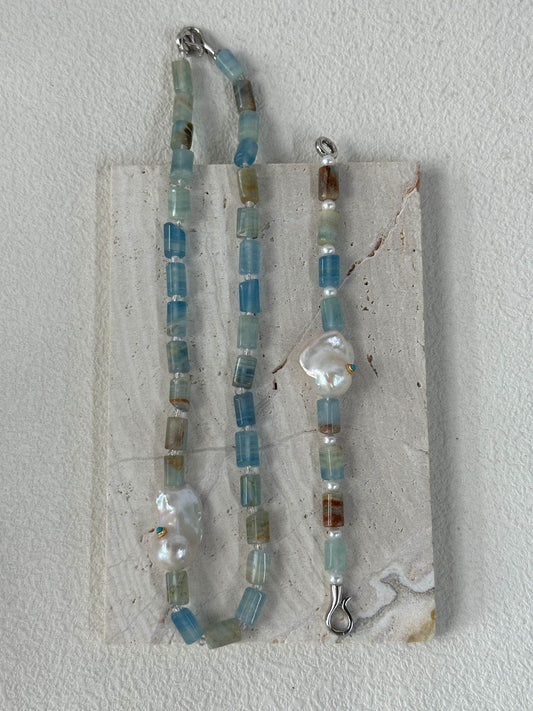 Blue Calcite Pearl Duo – Bracelet & Necklace Set - SOLIS