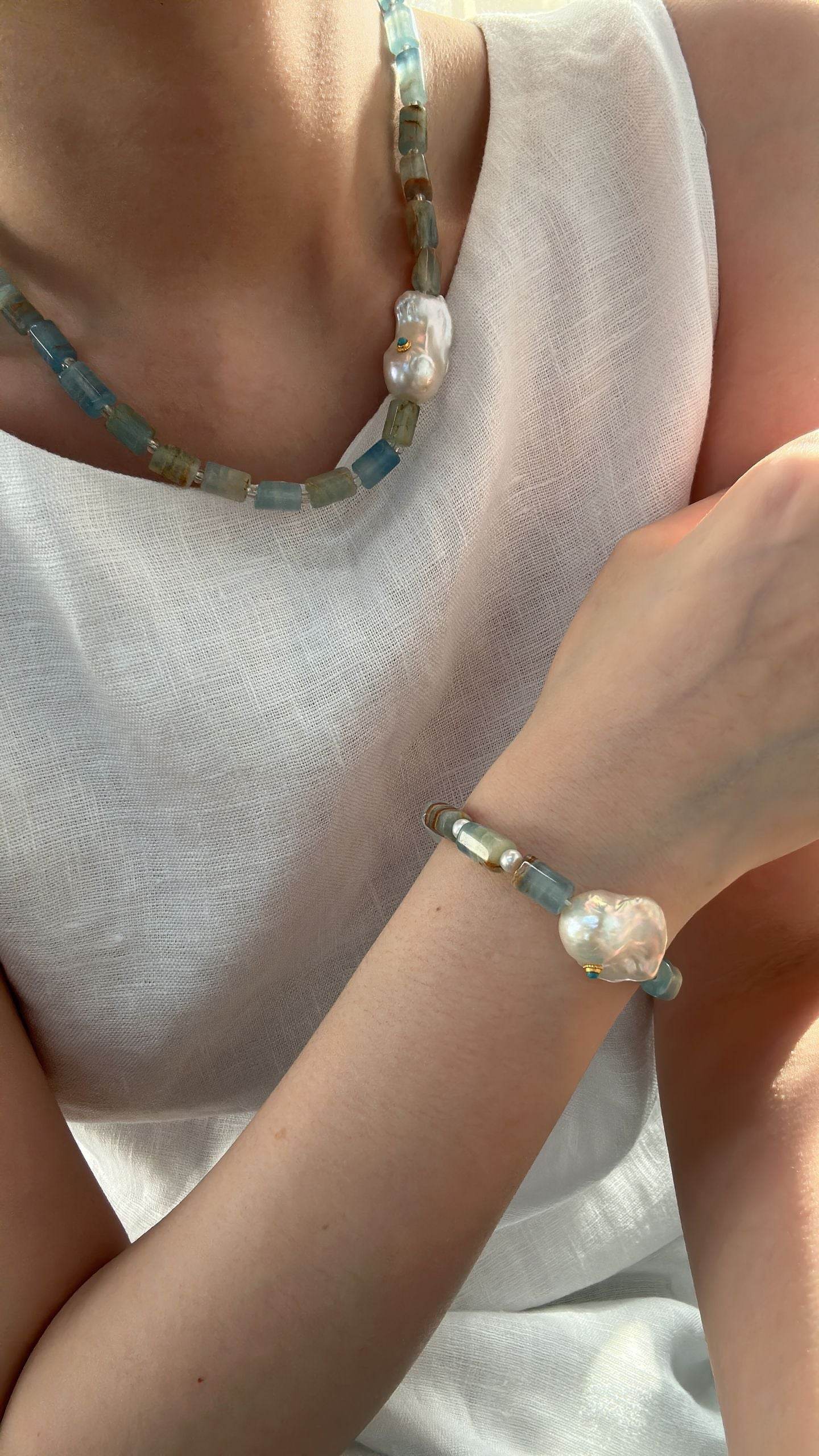 Blue Calcite Pearl Duo – Bracelet & Necklace Set - SOLIS