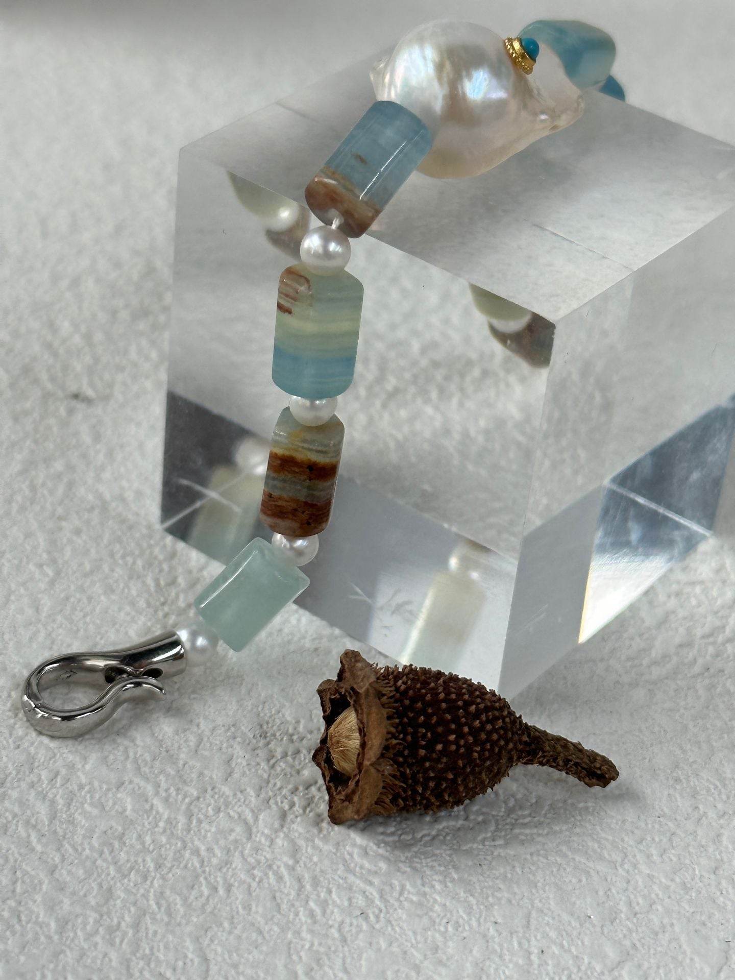 Blue Calcite & Baroque Pearl Bracelet – with Turquoise Inlay - SOLIS