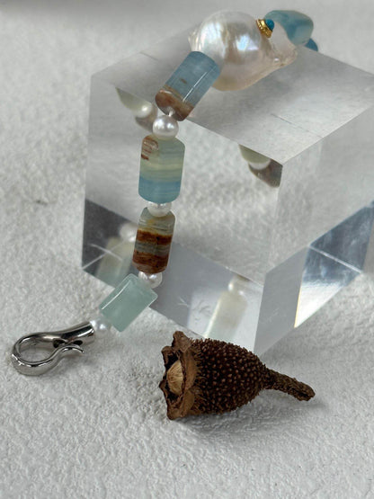 Blue Calcite & Baroque Pearl Bracelet – with Turquoise Inlay - SOLIS