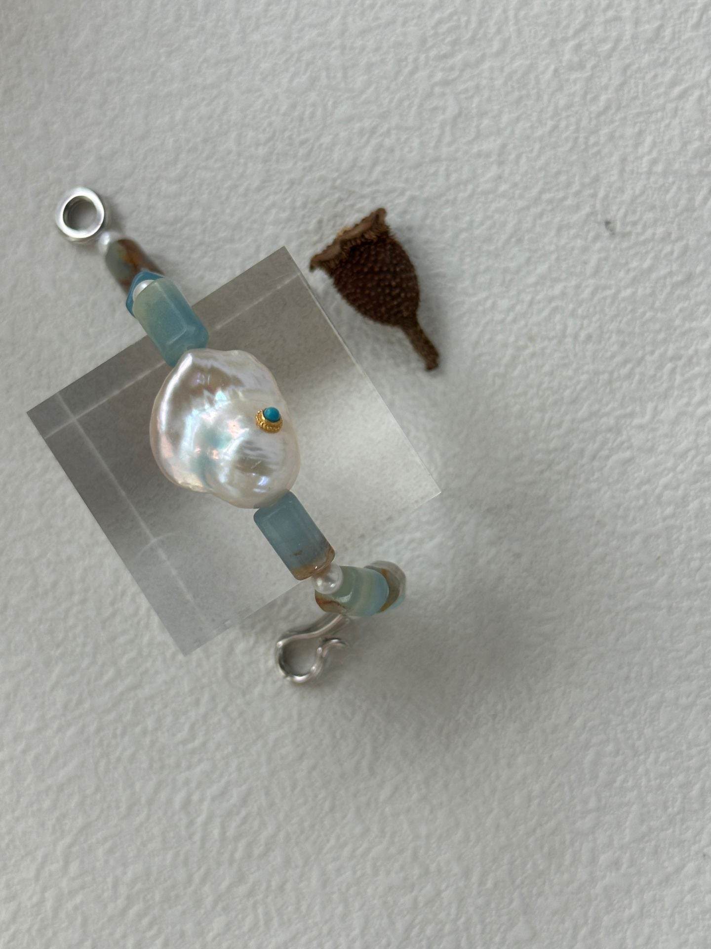 Blue Calcite & Baroque Pearl Bracelet – with Turquoise Inlay - SOLIS