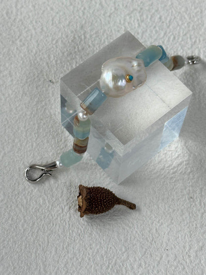 Blue Calcite & Baroque Pearl Bracelet – with Turquoise Inlay - SOLIS