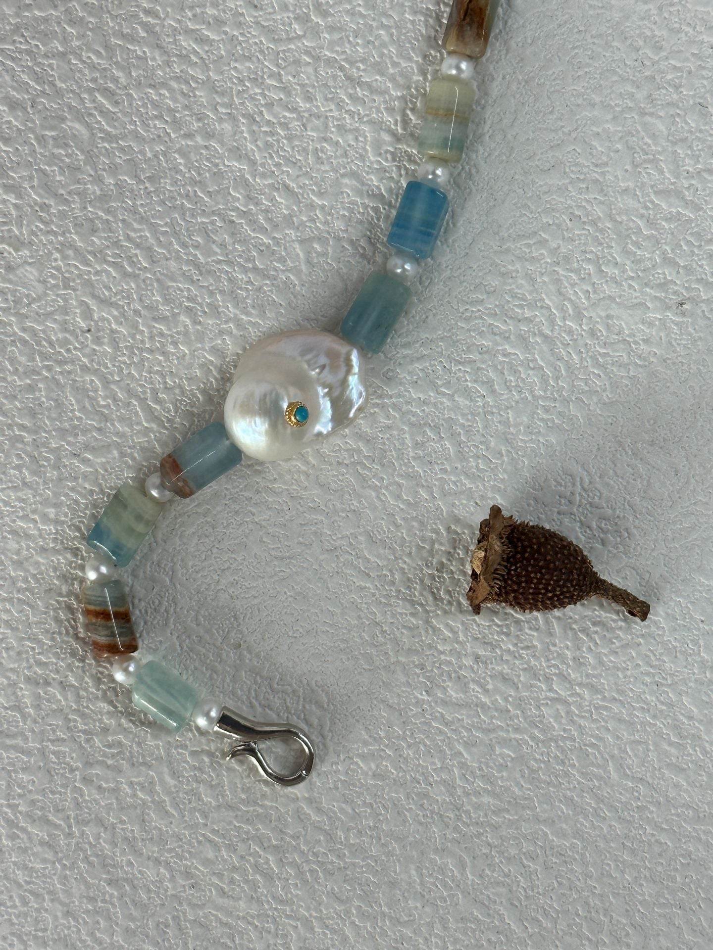 Blue Calcite & Baroque Pearl Bracelet – with Turquoise Inlay - SOLIS