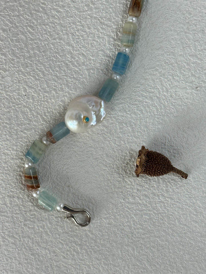 Blue Calcite & Baroque Pearl Bracelet – with Turquoise Inlay - SOLIS