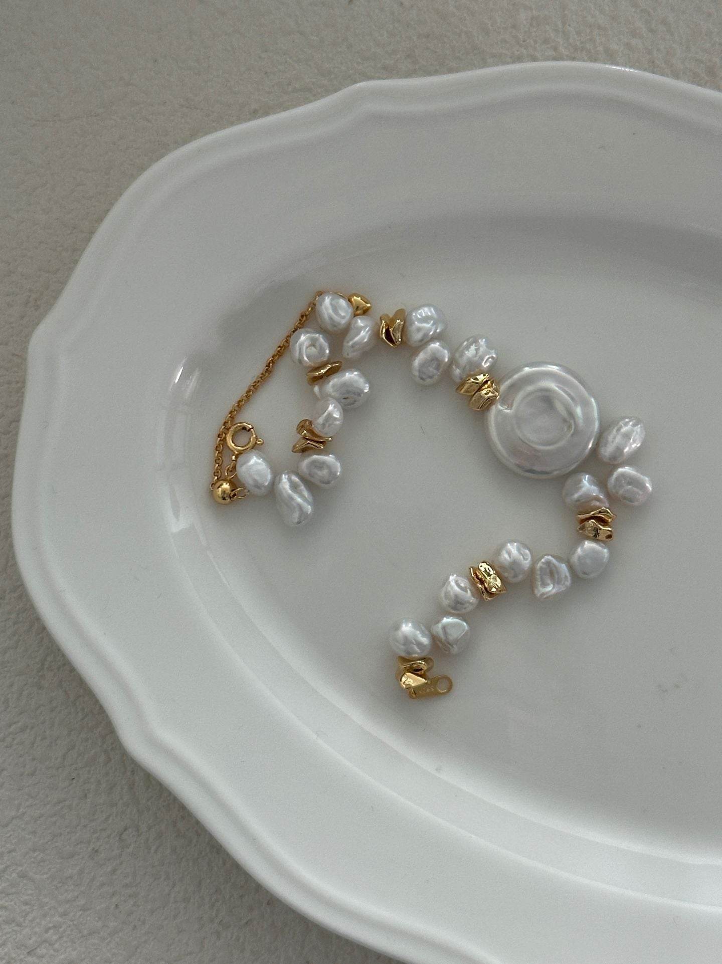 Natural Keshi Pearl Bracelet with Coin Disc Centerpiece - SOLIS