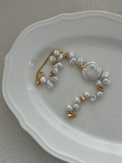 Natural Keshi Pearl Bracelet with Coin Disc Centerpiece - SOLIS
