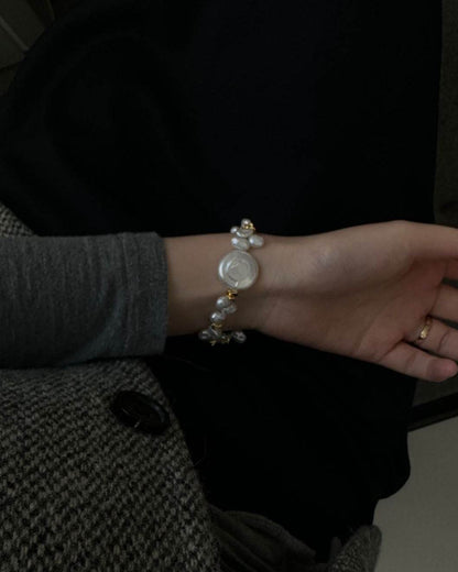 Natural Keshi Pearl Bracelet with Coin Disc Centerpiece - SOLIS