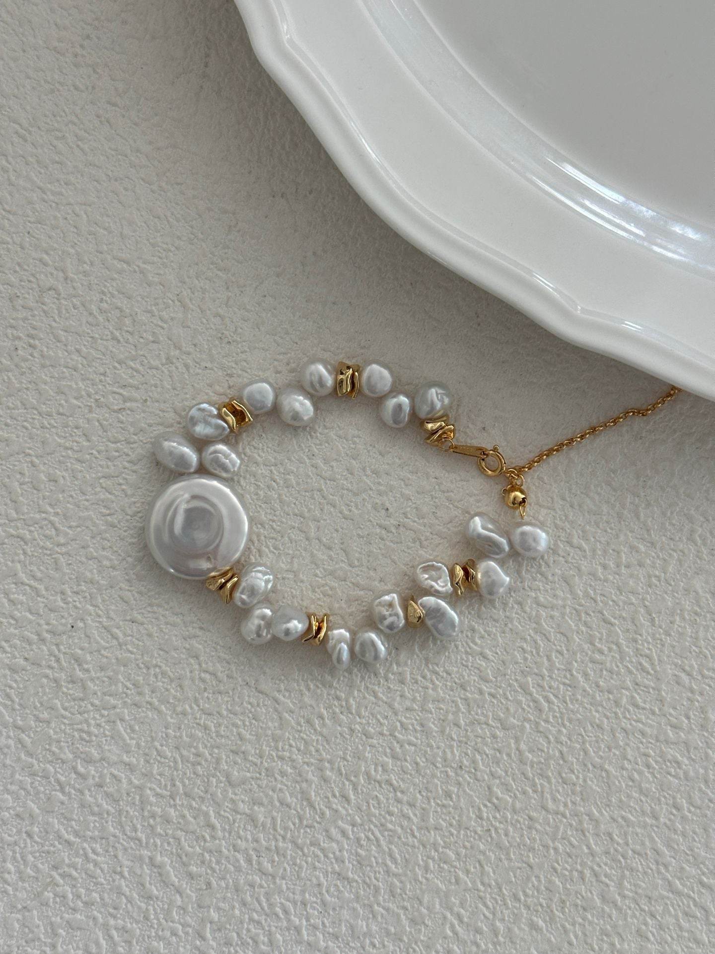 Natural Keshi Pearl Bracelet with Coin Disc Centerpiece - SOLIS